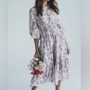 Pink and Red Ruffled Midi Dress with Bishop Sleeves